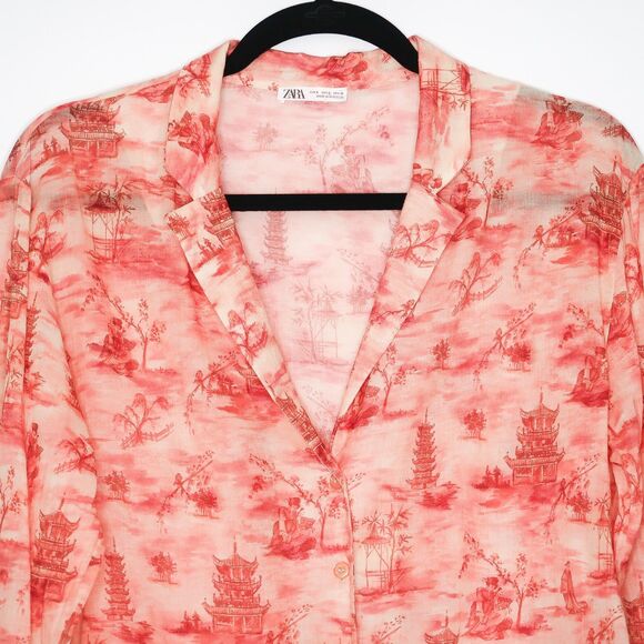 Zara Pajama Top Size 8 Button Up 100% Cotton Long Sleeve‎ Pink Japanese Print - Picture 9 of 10